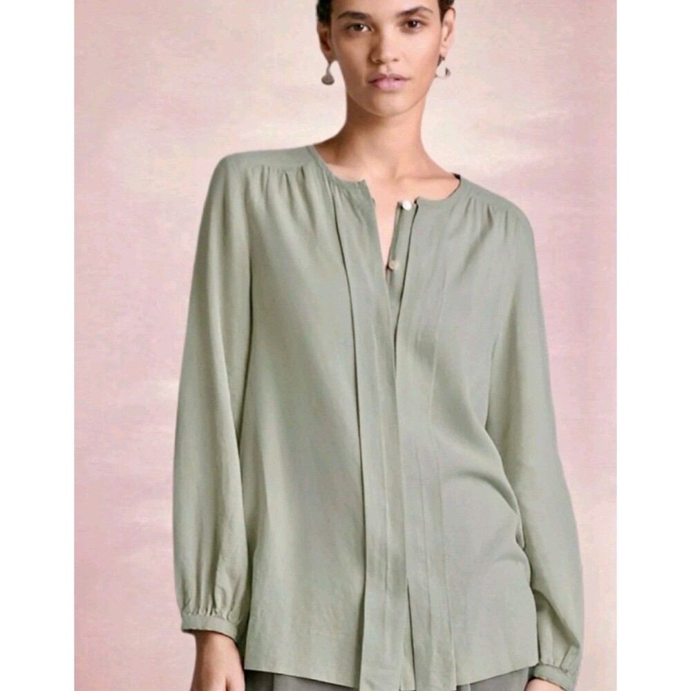 Poetry EcoVero Viscose & Linen Blouse Womens 18 Sage Green Collarless Shirt